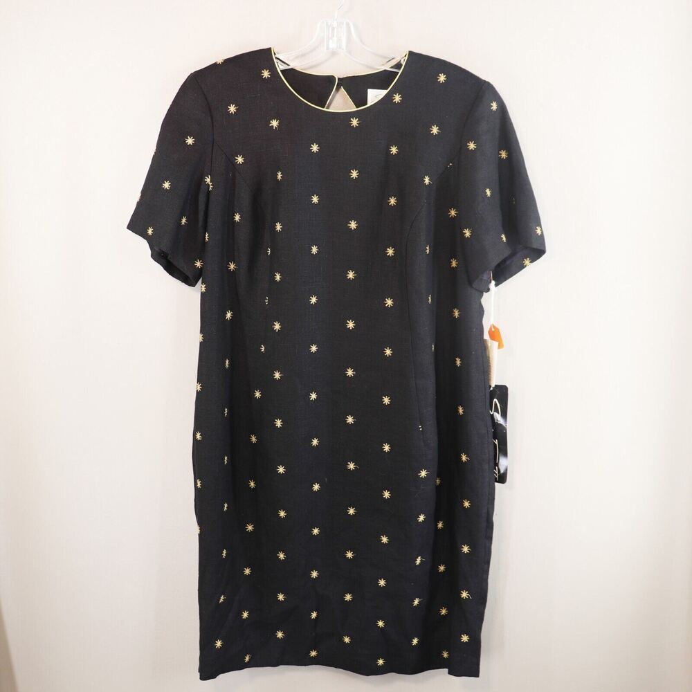 Santa Fe Dress Women Plus 18 Black Linen Gold Star Trim Short Sleeve Keyhole